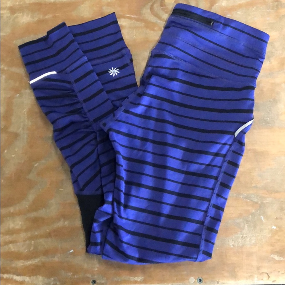 Athleta leggings, purple w/black stripes, XS, EUC.